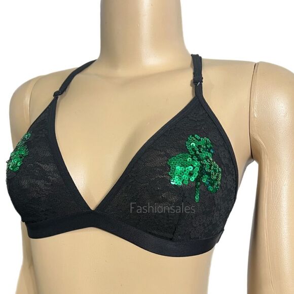 Victoria's Secret St. Patrick's Day Sequins Shamrock Triangle Lace Bralette Bra - Picture 3 of 7